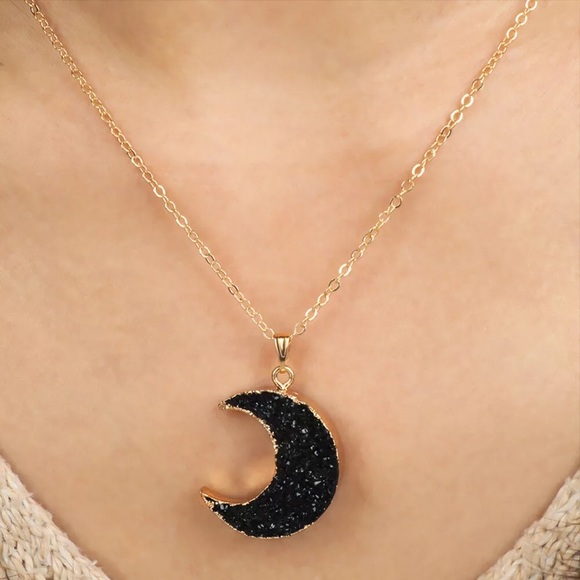 Black Druzy Crystal Resin Moon Necklace - Picture 3 of 8